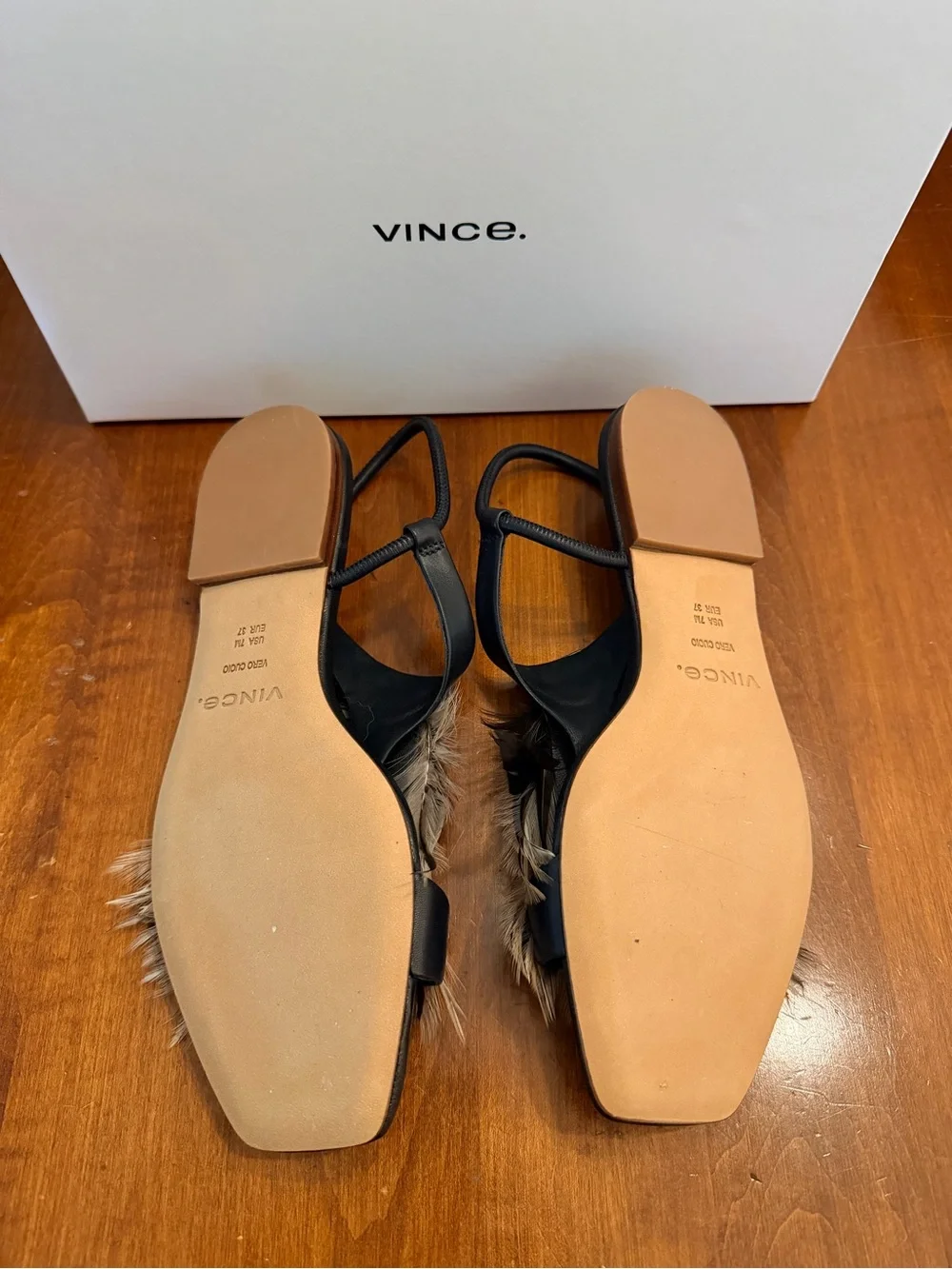 Vince Hepburn Black Leather Slingback Sandals with Feather Accent